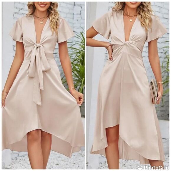 Satin V Neck Ruffle Short Sleeve Tie Front High Waist Midi A-Line Long D… - Picture 2 of 12